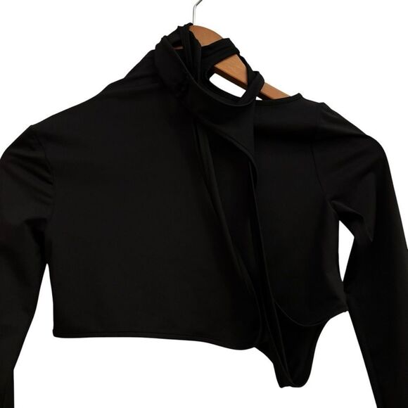 Hyein Seo Black Long Sleeve Stretch Women's Crop Wrap Tie Top Thumbholes size 2 - Picture 2 of 6